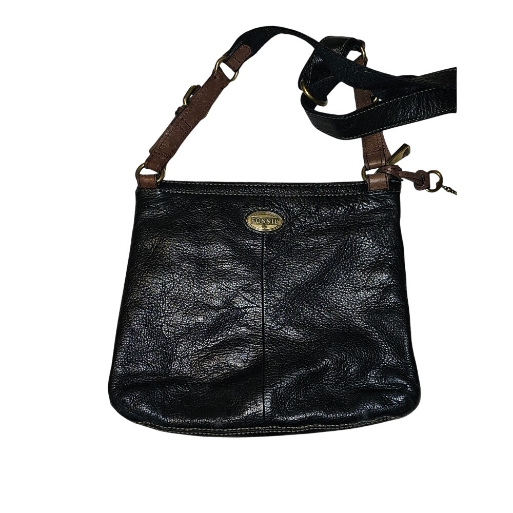 Vintage Fossil Black Pebbled Leather Explorer Triple Zip Black Crossbody Bag - Picture 5 of 13